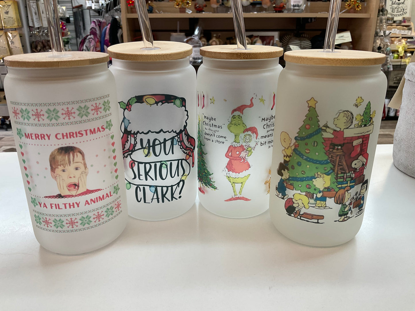 Holiday Themed Frosted Glass Tumblers