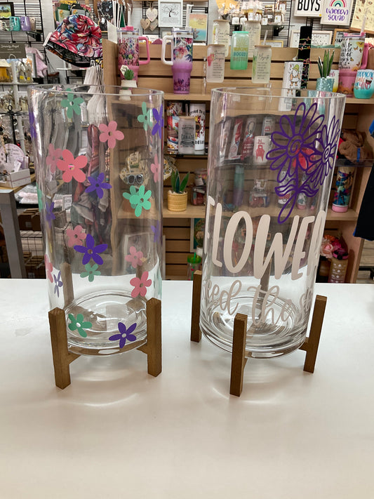 Tall Glass Flower Vase with Wood Stand