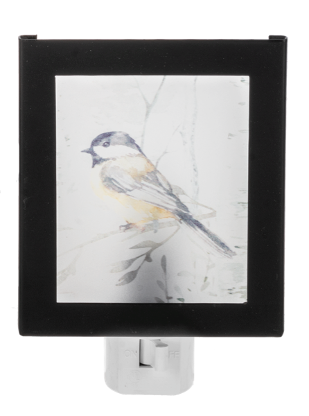 Watercolor Chickadee in Forest Night Light