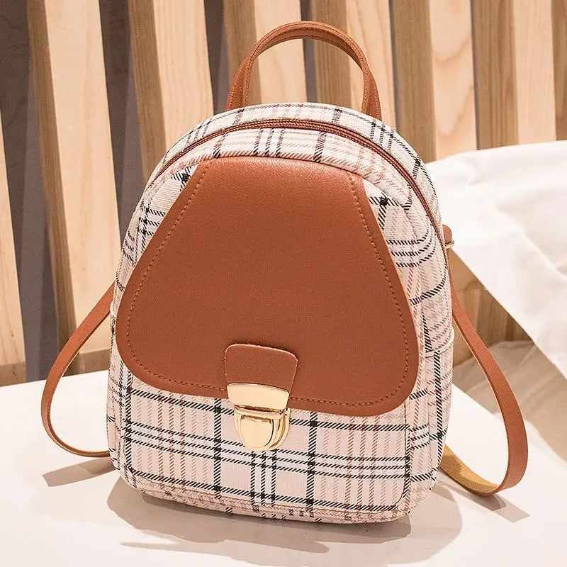 Mini Backpack Crossbody Bag For Teenage Girl Brown Plaid Backpack