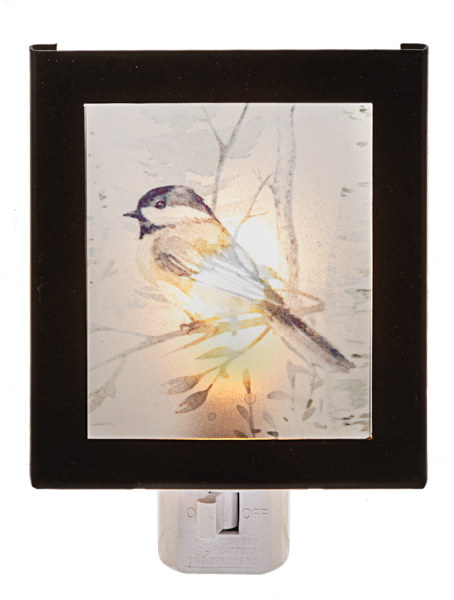 Watercolor Chickadee in Forest Night Light