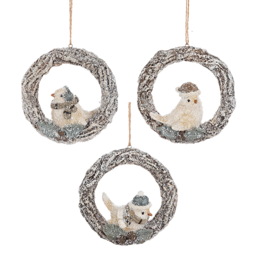 Snowy Birds on Wreath Ornaments