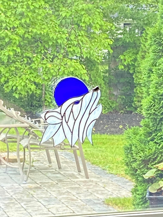White Howling Wolf W/Blue Moon