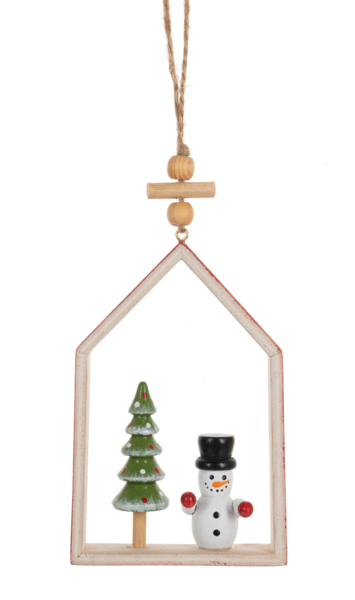 Santa & Snowman in House Ornament
