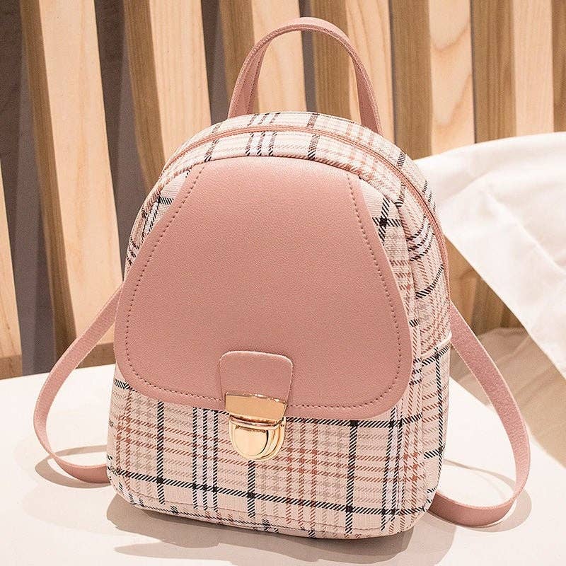 Mini Backpack Crossbody Bag For Teenage Girl Pink Plaid Backpack